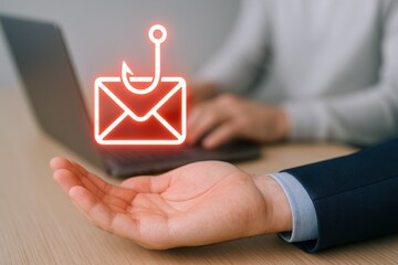 Cybersecurity Email Phishing Concept: Person Holding Hologram with Hooked Mail Symbol, Representing Online Threat and Fraud Prevention