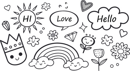 cute hand drawn doodle vector set, love, Natural , firework, cloud, weather, rainbow, snow, heart. a seamless doodle vector illustration filled with cute and playful hand-drawn elements in black outli