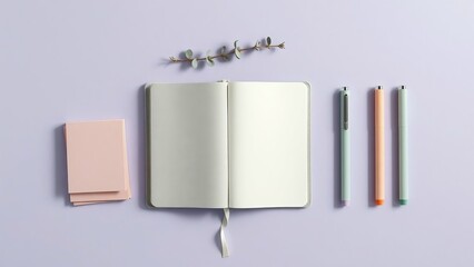 Notebook and stationery on a lavender background for creative writing and planning tasks at home or work