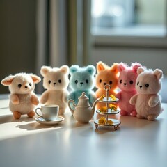 Colorful teddy bears having a tea party with a teapot and a cupcake stand indoors