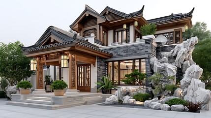 Fototapeta premium Elegant traditional chinese courtyard house with tiled roof high resolution image