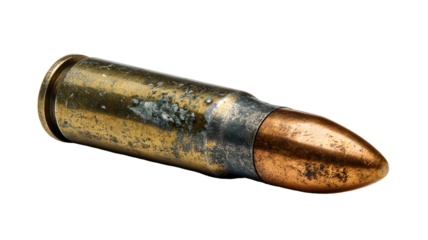 Close up of a brass bullet with copper tip isolated on transparent background