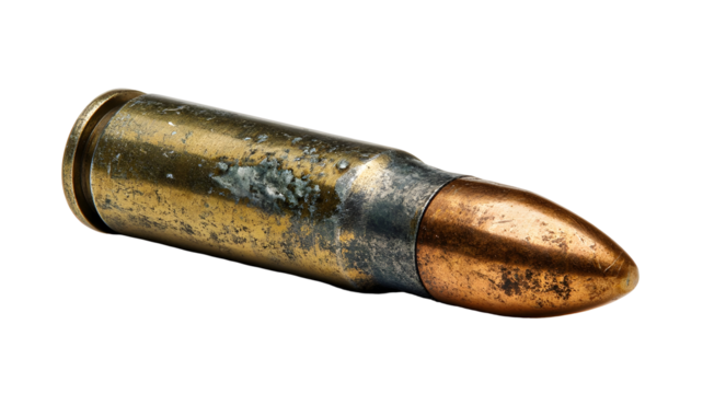 Close up of a brass bullet with copper tip isolated on transparent background