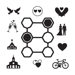 Fototapeta premium Collection of wedding and romance icons featuring couple, church, champagne, doves, hearts, and bicycle isolated on white background