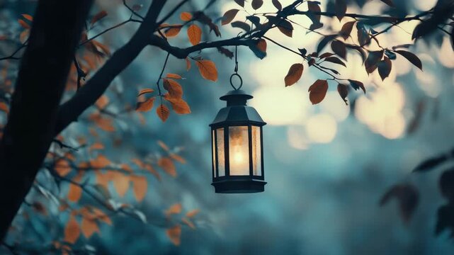 Rustic lantern hanging from tree branch amidst colorful autumn leaves, glowing softly at dusk