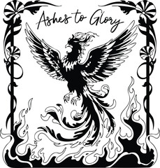 Obraz premium Black and white tribal tattoo design with a majestic eagle and wings silhouette against a monochrome background. A phoenix rising from flames.