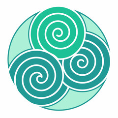 Three Teal and Green Swirls in a Circle on White Background abstract pattern