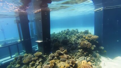 Underwater coral reef with dark support structures