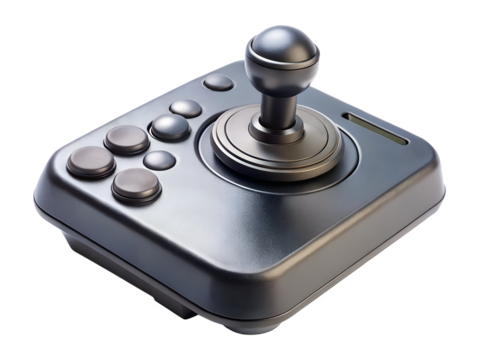 Black gaming joystick controller with buttons for computer games, isolated on transparent background