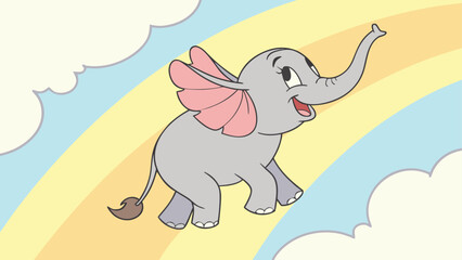 Obraz premium Cartoon elephant with wings on rainbow