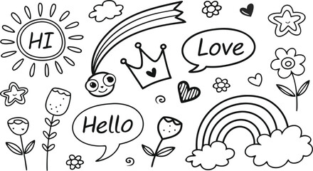 cute hand drawn doodle vector set, love, Natural , firework, cloud, weather, rainbow, snow, heart. a seamless doodle vector illustration filled with cute and playful hand-drawn elements in black outli