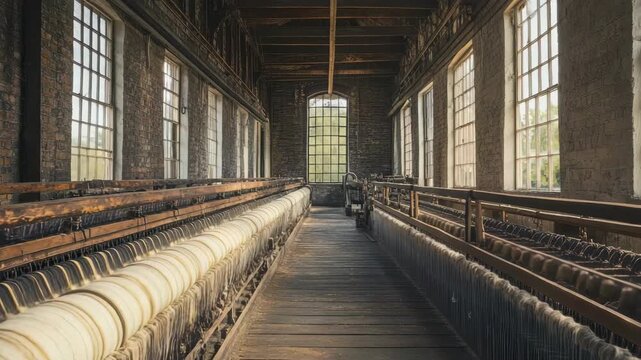 Old textile mill with large looms and windows, empty abandoned