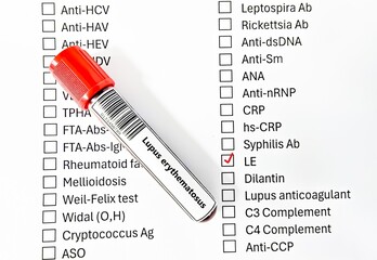 Blood sample tube and paper order request for lupus erythematosus test analysis.