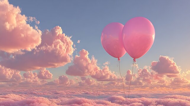 Two pink balloons floating above a sea of fluffy pink clouds in a clear blue sky - Powered by Adobe