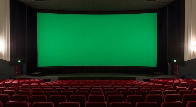 Empty movie theater auditorium with comfortable red seats and a large blank green chroma key screen.