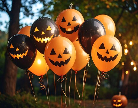 Jack-o'-lantern balloons clustered outdoors at dusk - Powered by Adobe