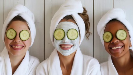 Three diverse women are having a spa day, wearing white robes and towels with cucumber slices over their eyes. One also has a face mask on, all smiling against a light wood wall. - Powered by Adobe