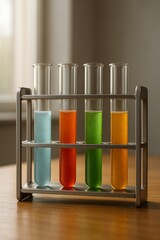 Rack of four test tubes with colorful liquids on a wooden table