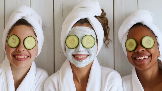 Three diverse women are having a spa day, wearing white robes and towels with cucumber slices over their eyes. One also has a face mask on, all smiling against a light wood wall. - Powered by Adobe