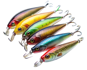 Collection of colorful fishing lures isolated on transparent background