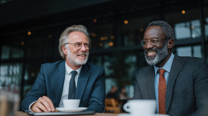 Two senior businessmen smiling and talking over coffee in modern cafe setting