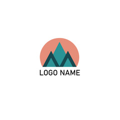 Graphic emblem with mountains and circle shape above company name text