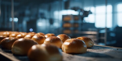 The delightful rows of freshly baked buns cooling in a modern bakery kitchen.