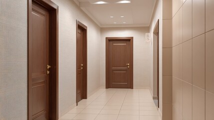 Interior Hallway with Brown Doors and Neutral Colors, Featuring Multiple Doorways, Tiled Floors, and Modern Lighting