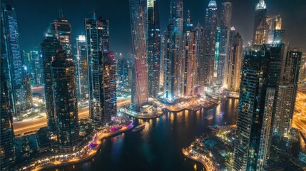 Obraz premium Spectacular Nightscape of a Modern City Skyline Reflecting in Calm Waters, Featuring Illuminated Buildings and Urban Development