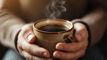 Warm Hands Embrace Steaming Coffee Cup, Cozy Comfort, Rustic Mug