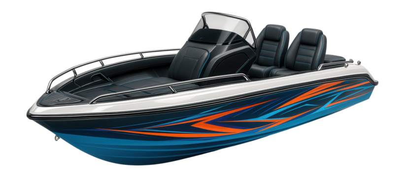 Sporty console craft with vibrant hull graphics and cushioned seating