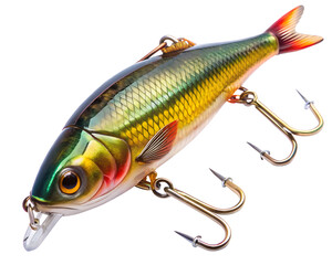 Realistic fishing lure with treble hooks, isolated on transparent background