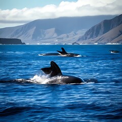 Fototapeta premium Orcas in Ocean, Mountains Background