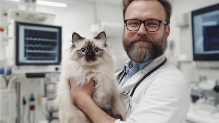 A smiling veterinarian with beard, glasses holds beautiful fluffy Ragdoll cat in clinic setting. The cat is looking at camera, there is medical monitoring device in background - Powered by Adobe