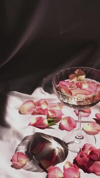 Rose petals falling in a glass of champagne on a elegant fabric making a romantic mood and luxurious scene