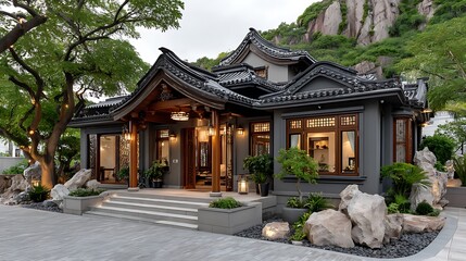 Landscaped asian courtyard with bonsai and stonework high resolution image