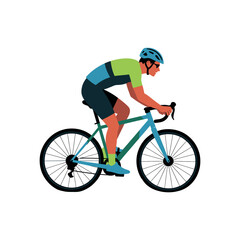 Naklejka premium Cyclist in green blue and orange racing kit riding a blue bicycle cycling sport