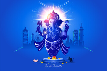 Happy Ganesh Chaturthi festival. Indian Lord Ganpati Ganesha with City skyline background Vector illustration.