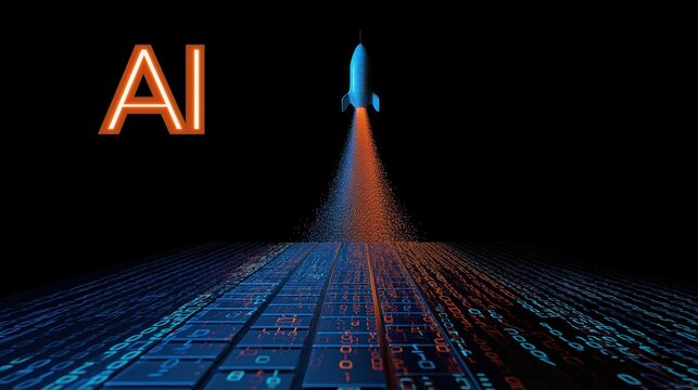 A 3d hologram of a rocket launch takeoff symbolizing growth of AI agents and AGI technology using superintelligence in the future for autonomy and the success of ASI during the singularity