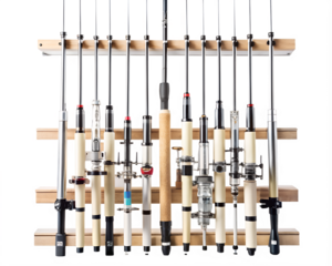 Collection of fishing rods and reels arranged on a wooden rack isolated on transparent background