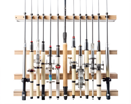 Collection of fishing rods and reels arranged on a wooden rack isolated on transparent background