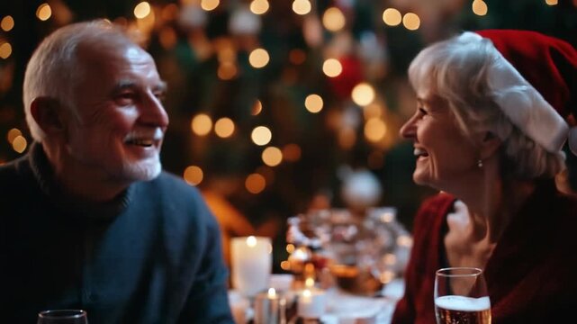 Senior Caucasian couple toasting with champagne glasses. They are smiling, celebrating a festive occasion in a decorated setting with warm lights.