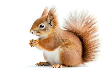 Obraz premium Red squirrel with fluffy tail sitting in profile view on white background, isolated cutout for design and commercial use, detailed fur texture visible.