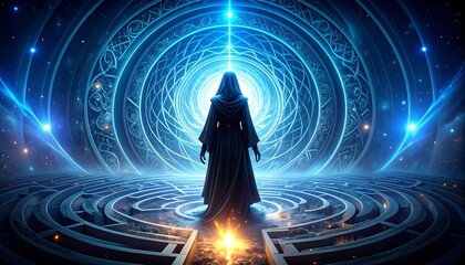 A figure in a dark robe stands before a glowing portal in a celestial labyrinth