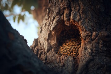 Fototapeta premium Bees gather in a hollow tree trunk during a sunny afternoon in a tranquil forest setting