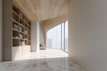 Modern, minimalist library with city views
