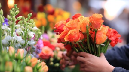 Vibrant flower market scene with a person selecting a bouquet of orange roses amidst colorful blooms