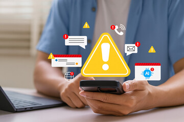 User overwhelmed by multiple warning notifications, spam messages, and urgent alerts on a smartphone. Concept of information overload and digital stress.