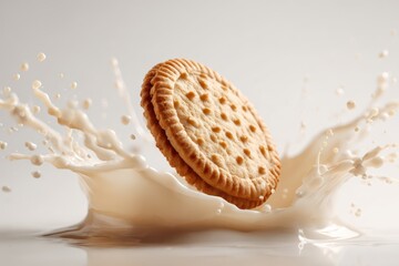 Cookie splashes into milk creating a delightful scene in a serene kitchen environment