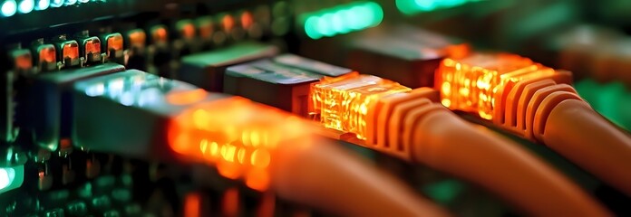 Network ethernet cables glowing orange connected to switch ports on dark background with green LED indicators, showing active data transmission and connectivity.